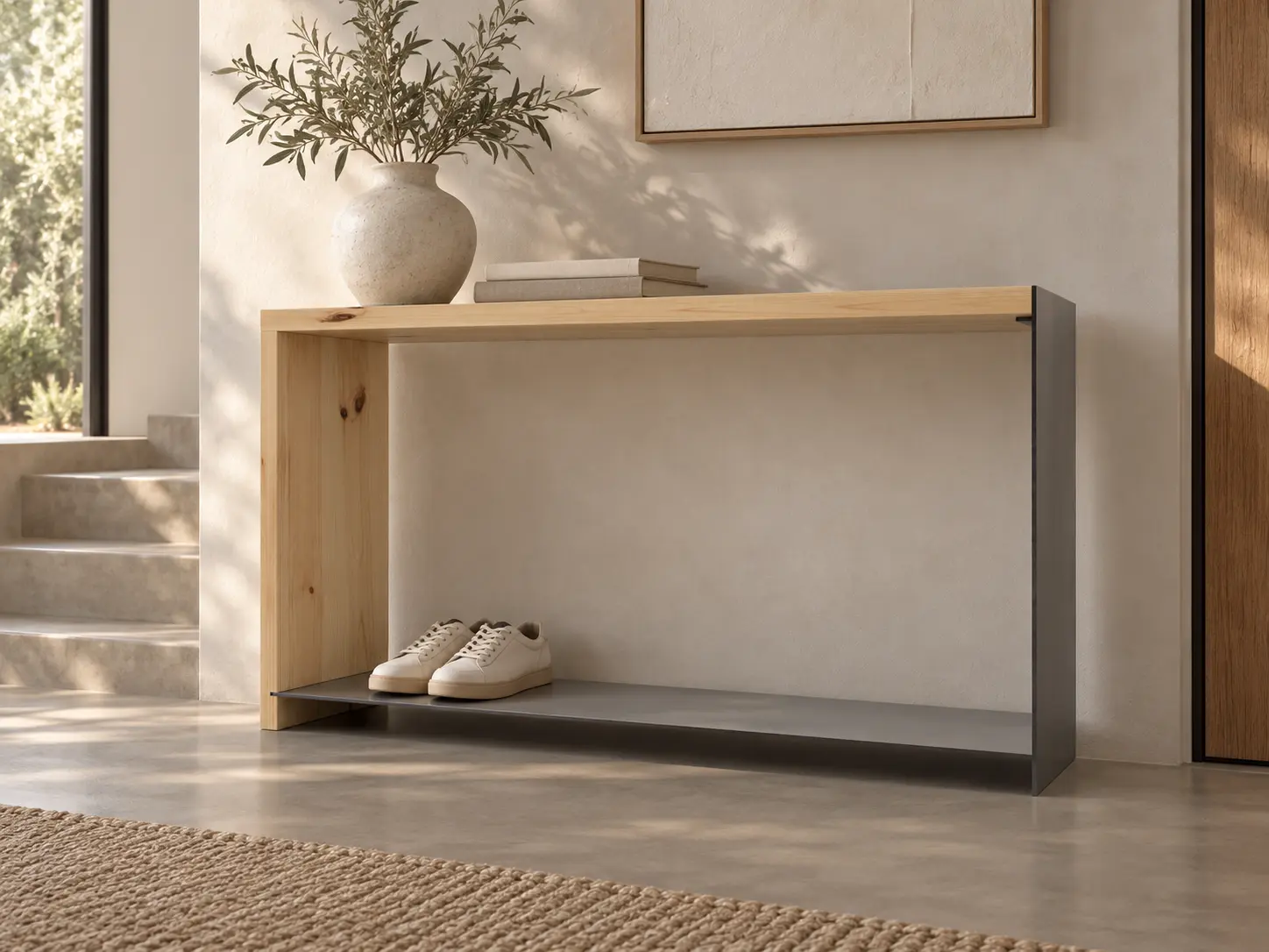 Consola industrial per a rebedor de fusta natural i acer negre