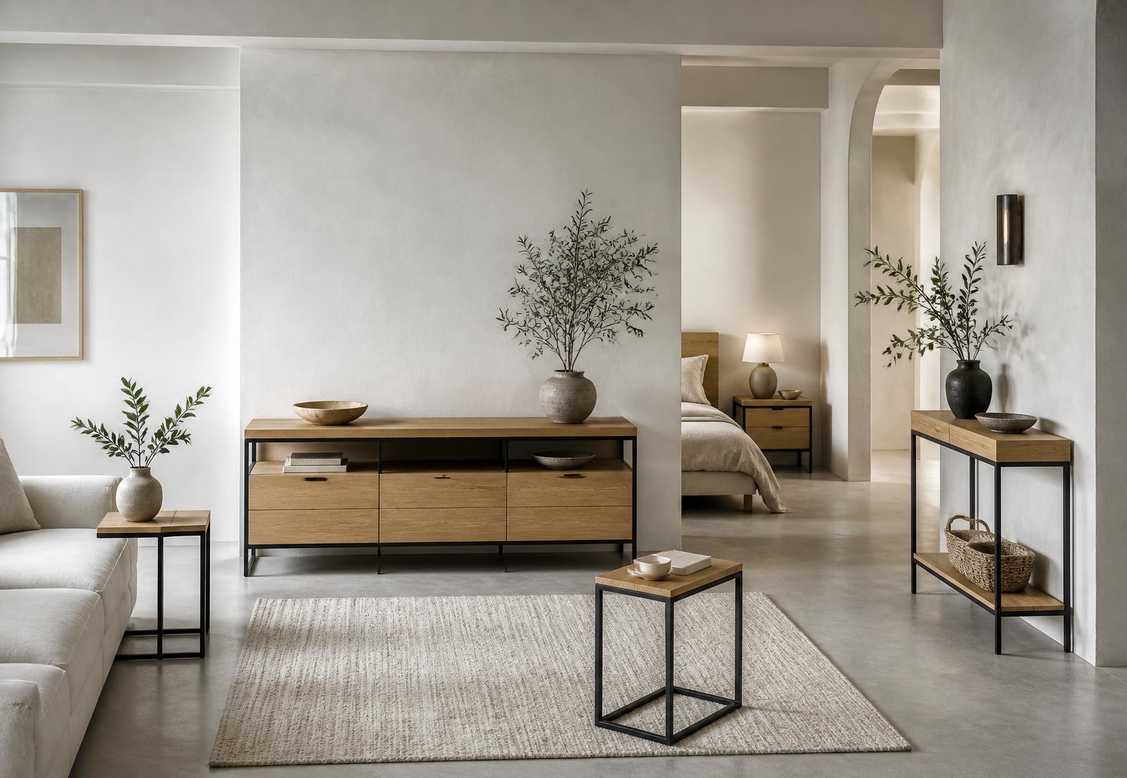 Col·lecció de mobles Fusta Steel Furniture en un interior mediterrani