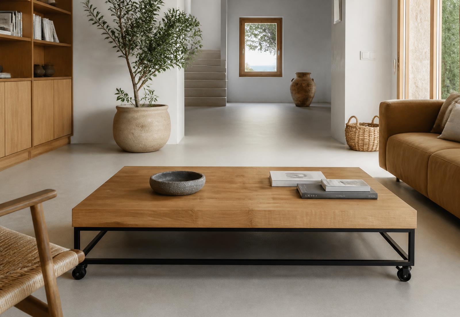 Taula de centre Fusta Steel Furniture de fusta natural i acer en un interior contemporani